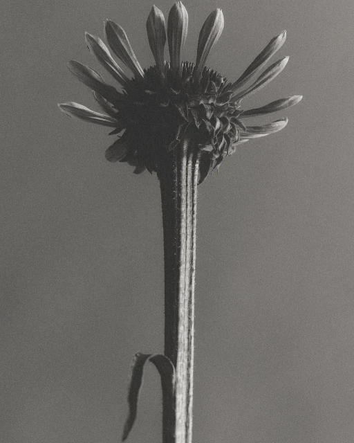 Close-up black and white photograph of a single flower with a long stem and open petals against a neutral gray background.