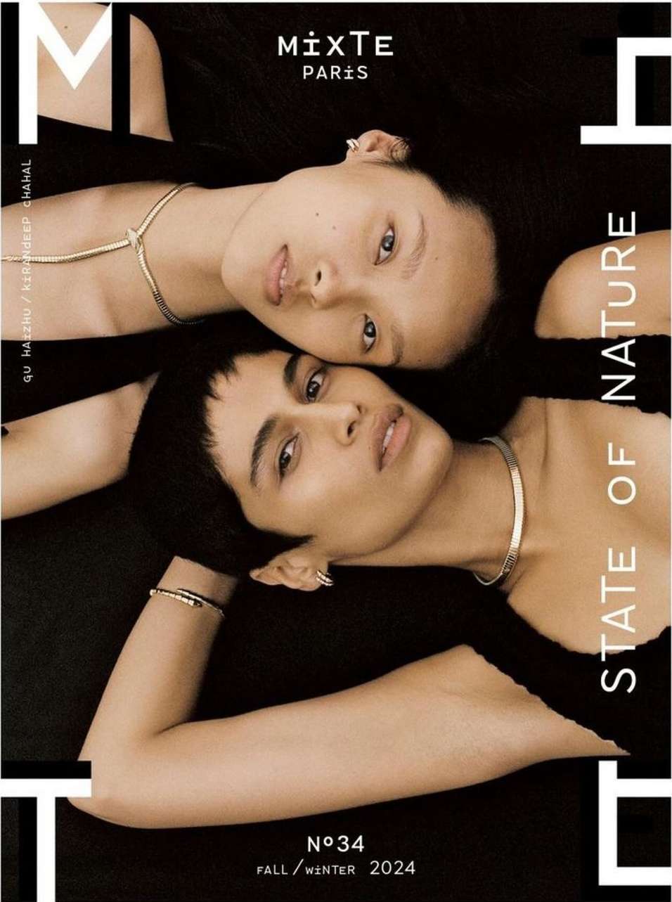Two young models pose in a studio fashion cover with jewelry. The Mixte Paris cover, Fall/Winter 2024, has black background and beige skin tones.