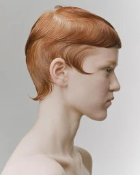 Profile portrait of a woman with short reddish-brown finger-waved hair against a pale grey seamless background.