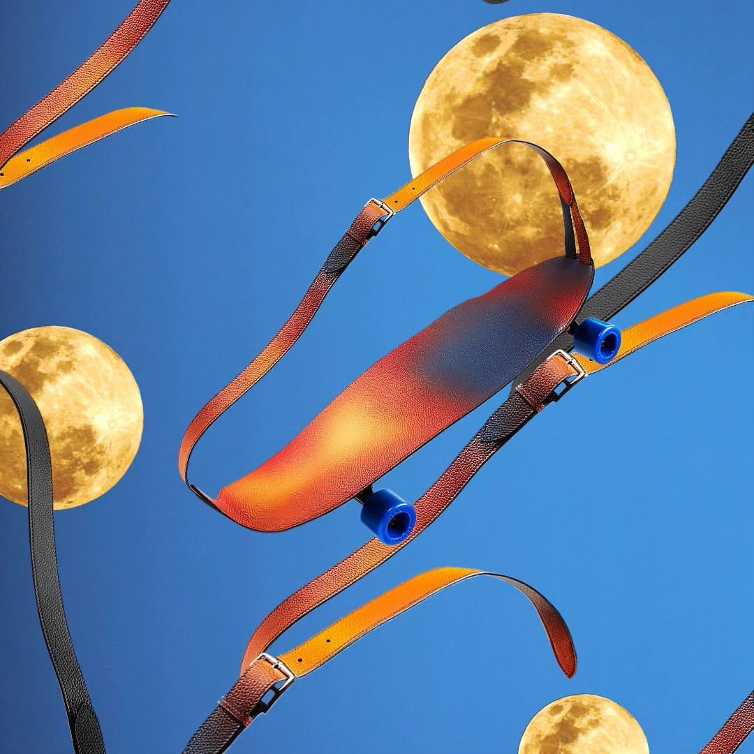 Skateboard and leather belts float against a blue sky with moons; surreal composition with skateboard parts, belts, and moon.