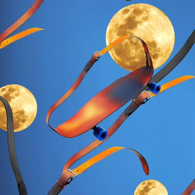 Skateboard and leather belts float against a blue sky with moons; surreal composition with skateboard parts, belts, and moon.