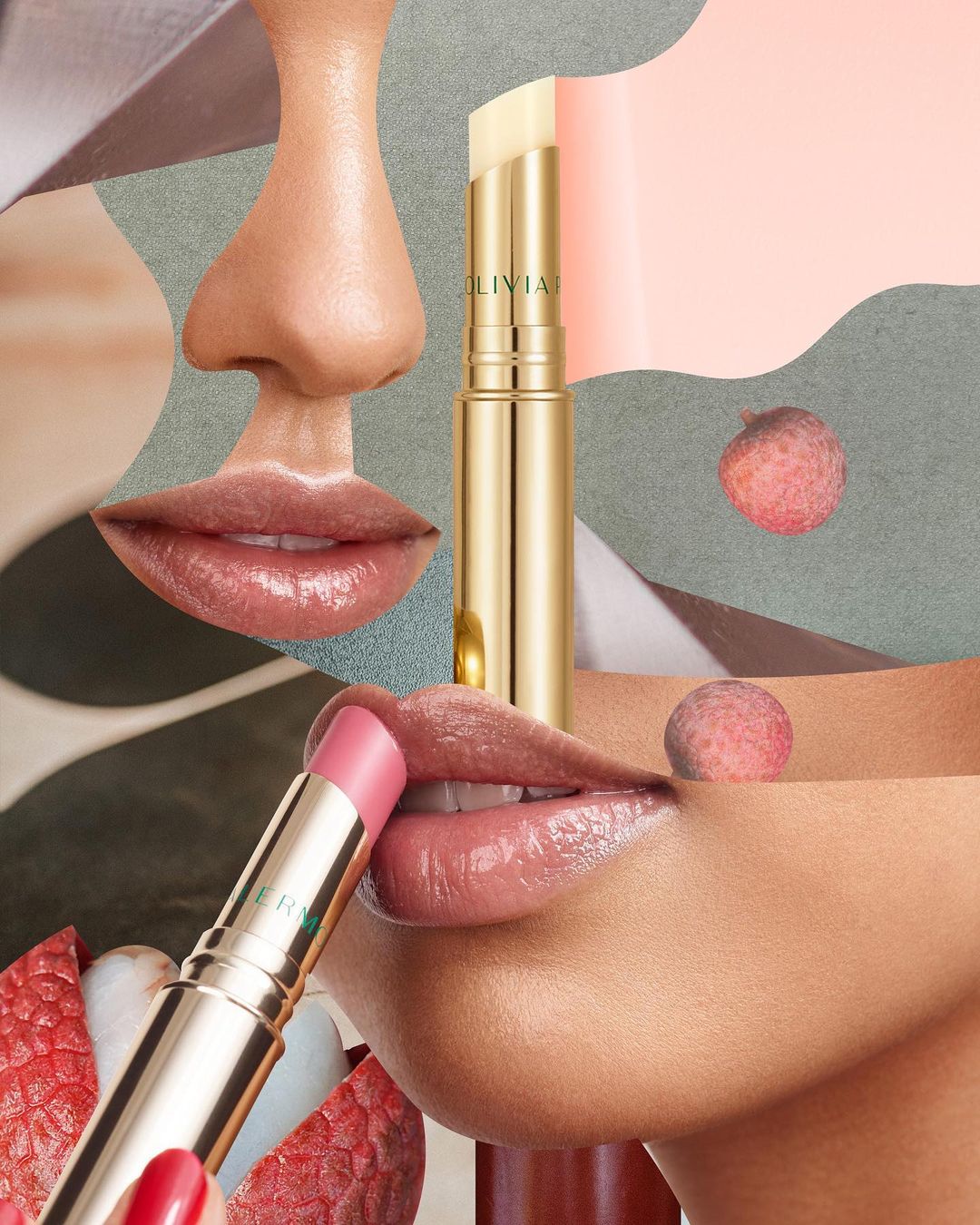 Cosmetic still life: two lipsticks, close-up of human lips, and lychee fruits against a backdrop of abstract pastel shapes.