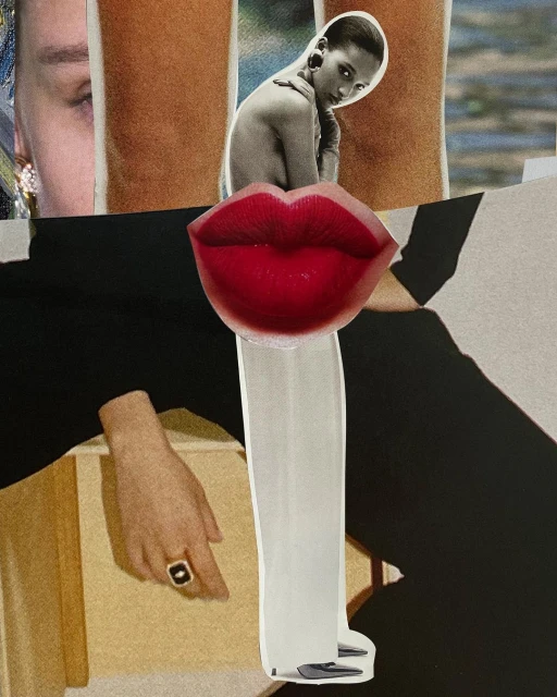 Collage of cut-out images features red lips, a vintage portrait of an African-American woman, and a manicured hand with a statement ring.
