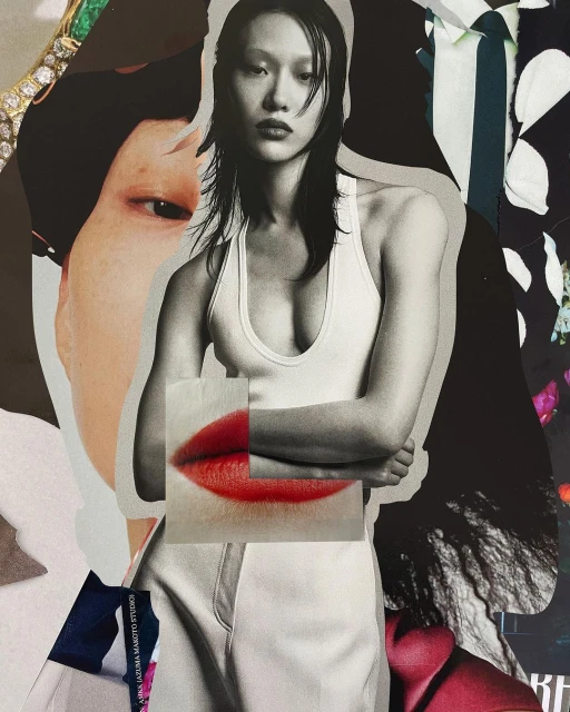 Fashion collage with an Asian female model in a white top, close-up on red lips, and jewelry, creating a bold and eye-catching visual.