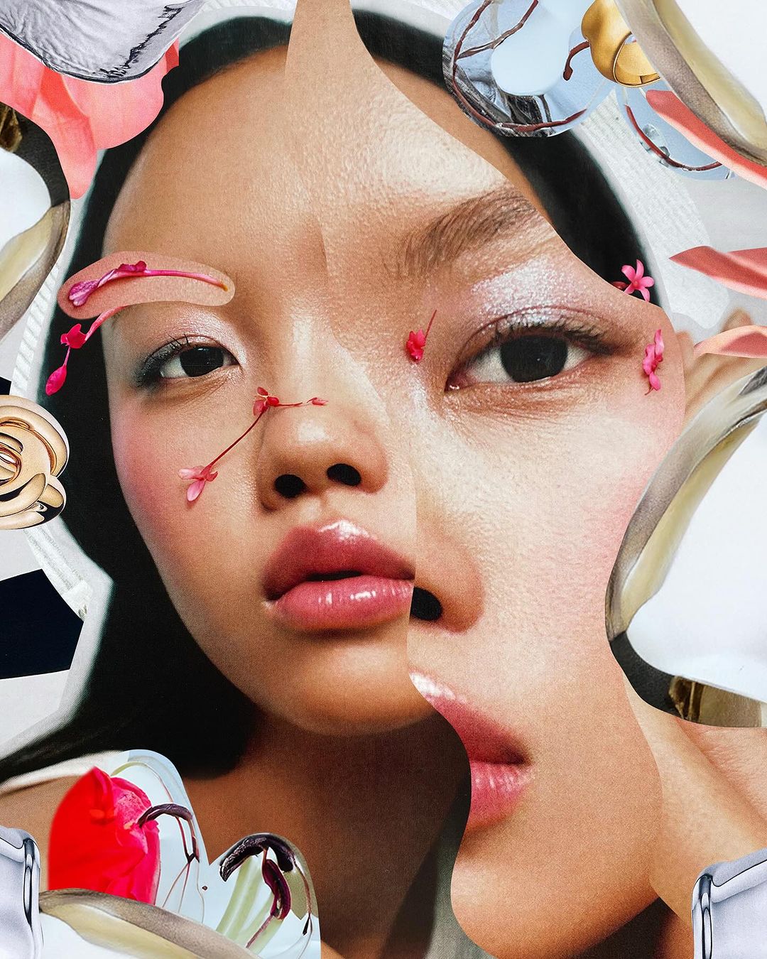Asian woman's face artfully collaged with floral details and soft lighting, creating a visually striking and unique beauty portrait.