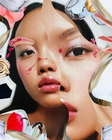 Collage portrait of an East Asian woman with pink flower petals scattered across her face and fragments of abstract imagery framing her.