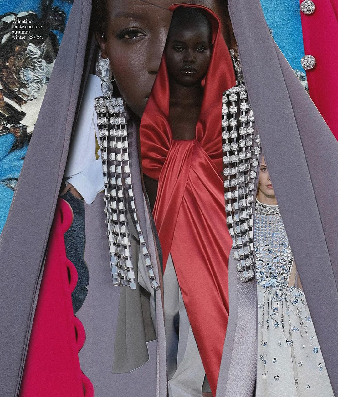 Collage of fashion models wearing dresses and statement earrings, with a mix of textures and colors, showcased in a studio setting.