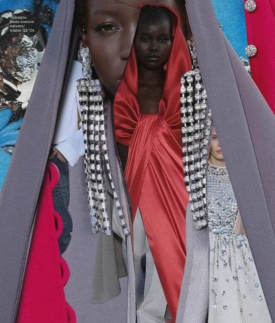 Collage of fashion models wearing dresses and statement earrings, with a mix of textures and colors, showcased in a studio setting.