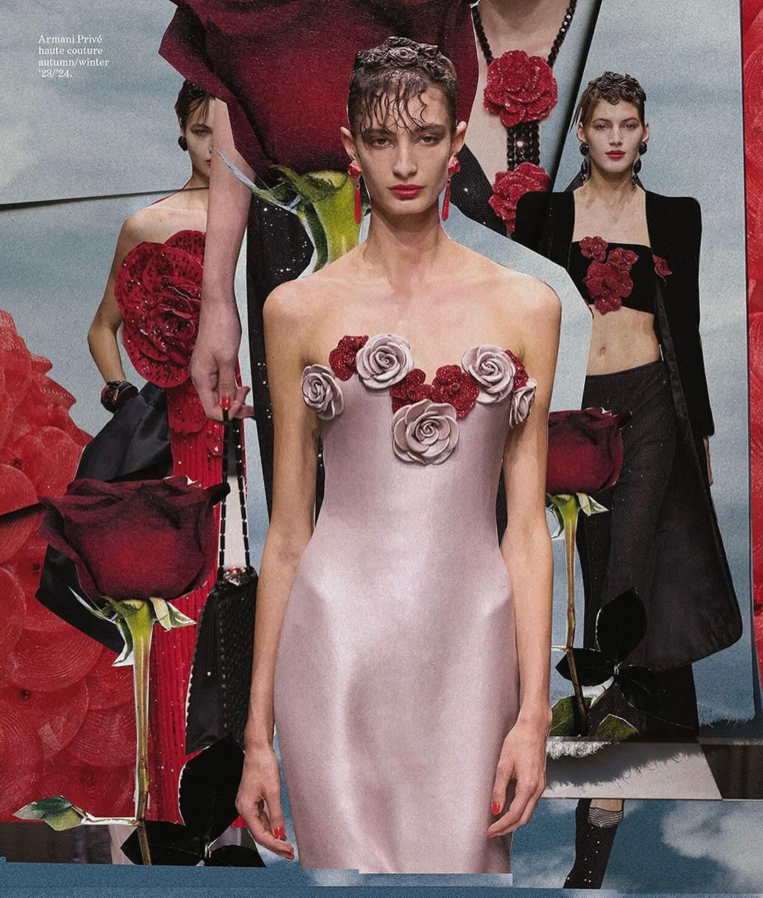 Collage of fashion models wearing dresses with rose accents, posing against a backdrop of red roses and abstract elements.