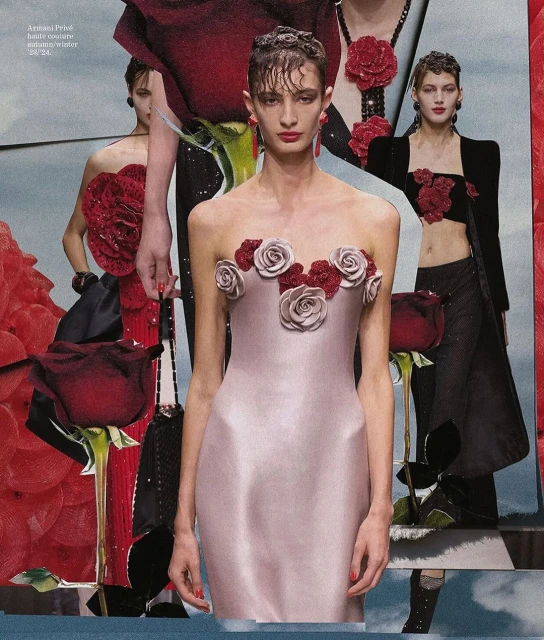 Collage of fashion models wearing dresses with rose accents, posing against a backdrop of red roses and abstract elements.