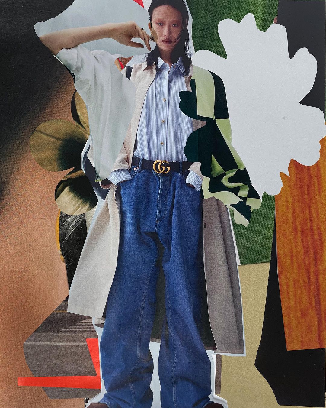 Fashion collage featuring a stylish adult woman in a coat and jeans, accented with brand details, set against an abstract background.