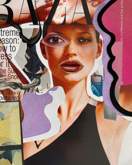 Collage art featuring a female portrait with magazine cutouts, black brush strokes, and overlaid text reading 'BAZAAR'.