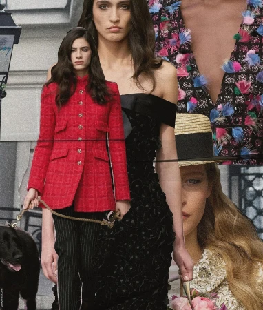 Collage of fashion models showcasing haute couture designs, including a red suit, black gown, and floral dress with straw hat, and a black dog.