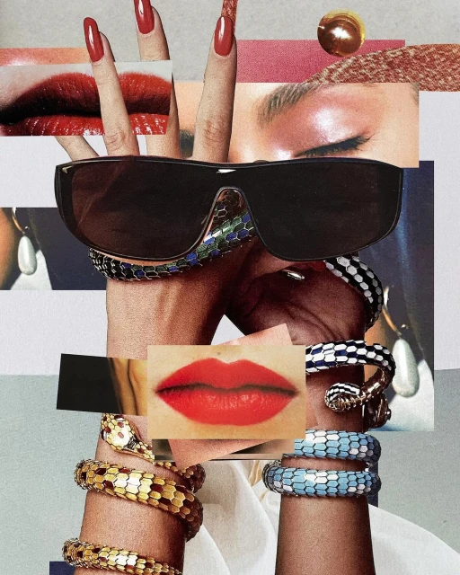 Fashion collage featuring manicured hands adorned with bracelets, sunglasses, and red lips against a textured gray backdrop.