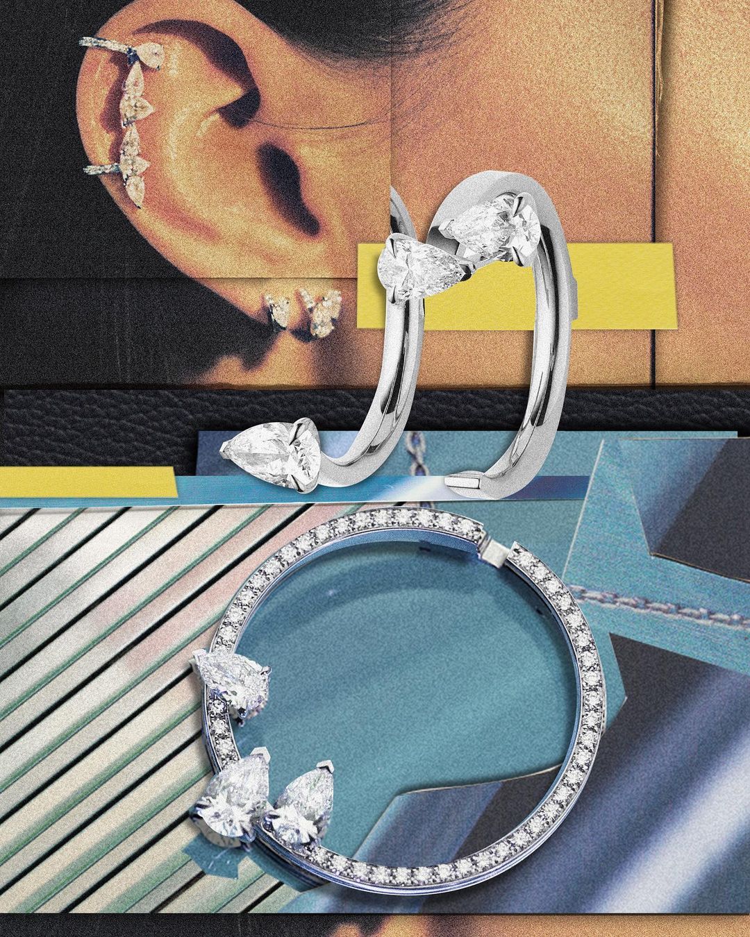 Elegant silver earrings with diamond accents displayed on a collage background, showcasing fine jewelry and earring design.