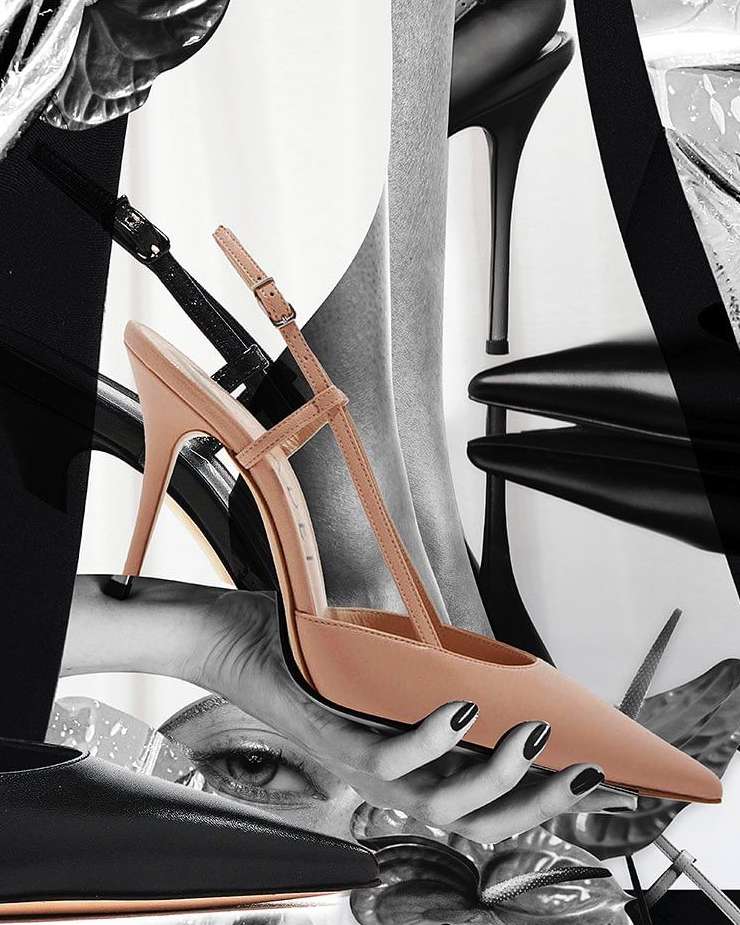 Fashion-forward collage of women's nude high heel shoe with ankle strap, combined with graphic monochrome elements for visual appeal.