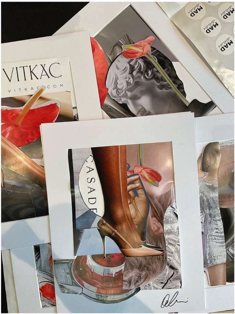Collage featuring a high-heeled shoe, tulip, and classical statue elements, framed by white paper, creates a layered artistic composition.