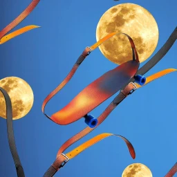 Surreal digital illustration by Anna Glik of a skateboard floating in a blue sky with moon spheres and leather straps