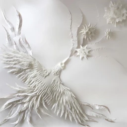 Intricate white paper sculpture of a bird in flight with layered feathers and floating star-like floral elements on white background.
