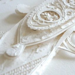 Close-up of intricate white paper art sculpture with layered cutouts and textured patterns against a white background