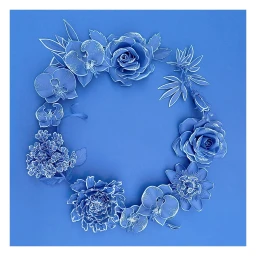 Blue paper flower wreath illustration featuring intricately cut floral arrangements arranged in a circle on a matching blue background