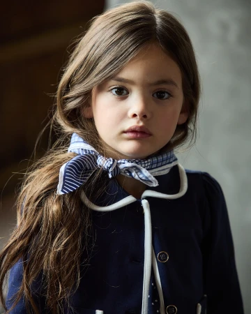 Close-up portrait of a child wearing a dark blue jacket with white piping and a blue-and-white patterned neck scarf.