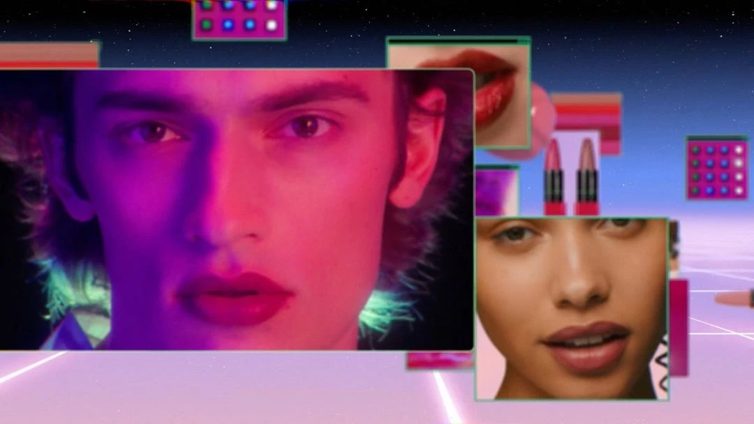 Makeup ad featuring two individuals with red lipstick, floating makeup palettes, and cosmetic products in a surreal digital space.
