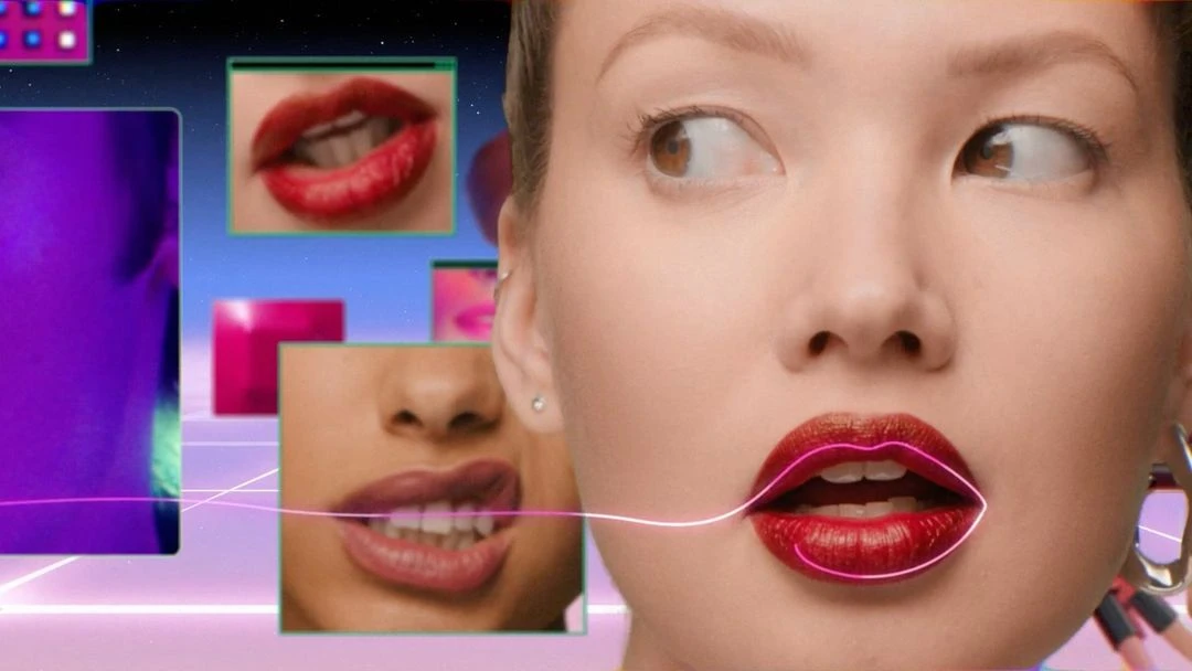 Close-up of a woman's face with red lipstick, interspersed with floating screens showing faces wearing different lipstick colors.