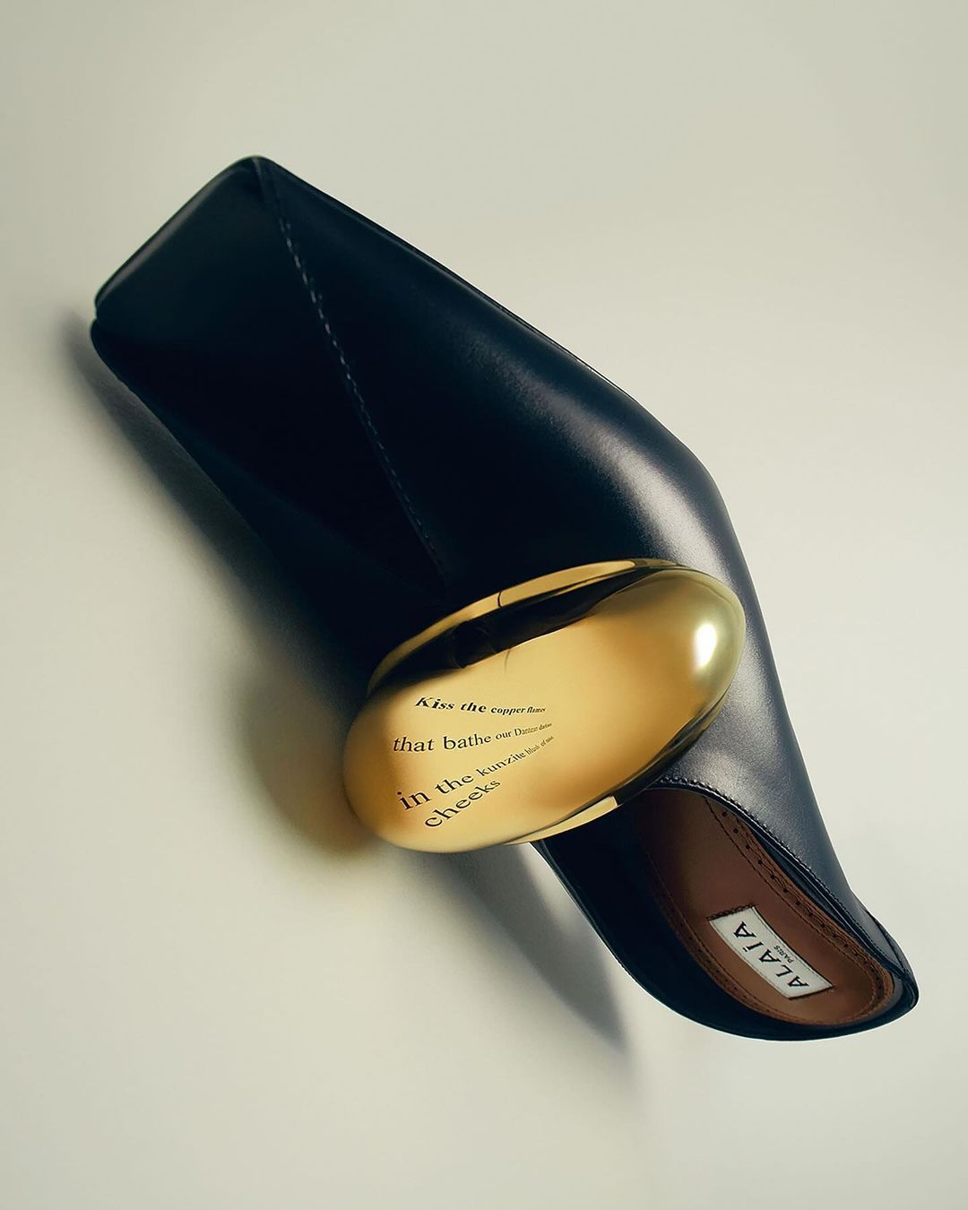 Elevated angle captures a navy blue leather shoe next to a gold-colored clutch with literary text on a seamless light background.