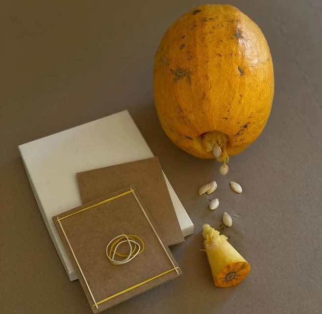 Overhead shot of an orange pumpkin beside white and brown boards and pumpkin seeds on a grey background, lit by natural light.