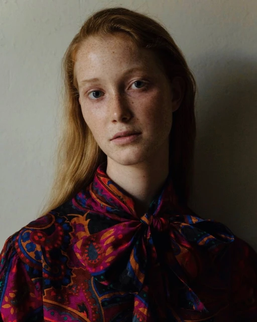 Portrait of a young woman with red hair and freckles wearing a patterned blouse, standing in front of a neutral wall with soft lighting.