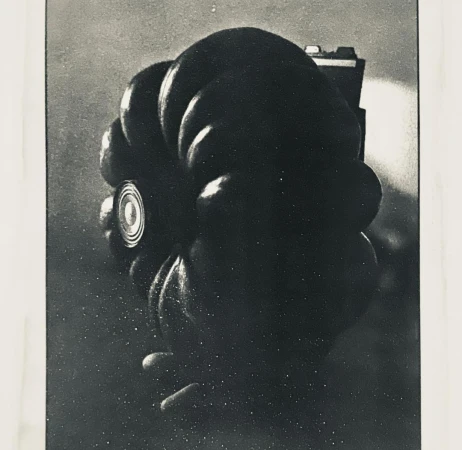Close-up monochrome photograph of a Hasselblad camera with a Zeiss lens and a light source behind, set against a mottled backdrop.