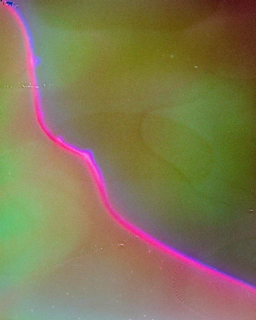 Abstract image with pink line against green-brown gradient background. Play of light and shadow creates a textured, dreamlike visual.