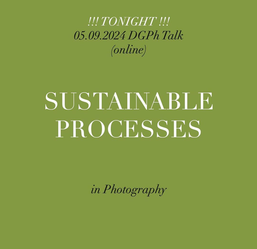 Graphic design poster with white text on an olive green background promoting a talk about sustainable processes in photography.