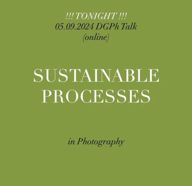 Graphic design poster with white text on an olive green background promoting a talk about sustainable processes in photography.