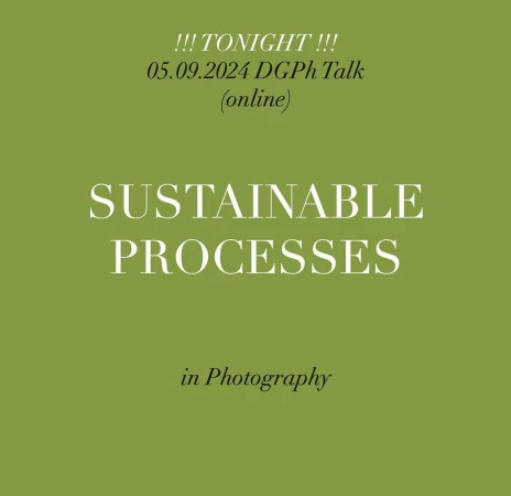 Graphic design poster with white text on an olive green background promoting a talk about sustainable processes in photography.