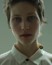 Close-up portrait of a young woman with short hair wearing a white collared shirt and a long drop earring.