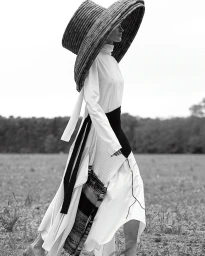 Model wearing an oversized wide-brim woven hat and white dress walking outdoors in a field