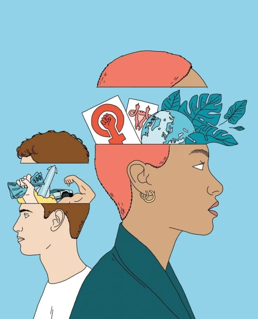 Conceptual illustration featuring two people in profile, with imagery representing thoughts and aspirations inside their head shapes.