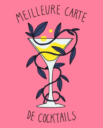 Illustration of a cocktail glass with yellow liquid and a plant winding around it on a pink background. Text: MEILLEURE CARTE DE COCKTAILS.