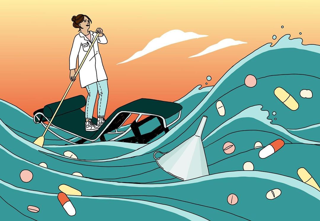 Illustration of a woman wearing a lab coat paddling a couch across a wave filled with pills and a funnel in the water.