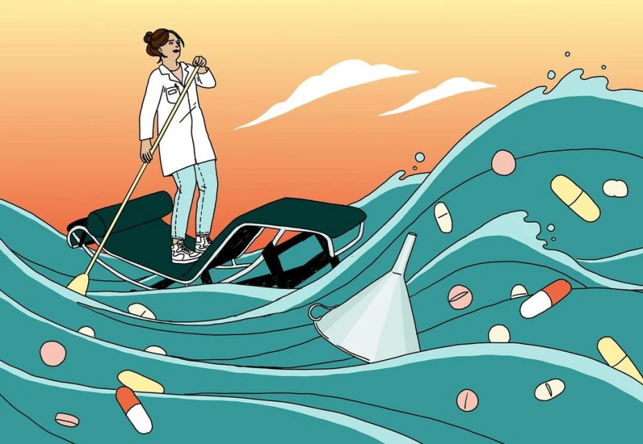 Illustration of a woman wearing a lab coat paddling a couch across a wave filled with pills and a funnel in the water.