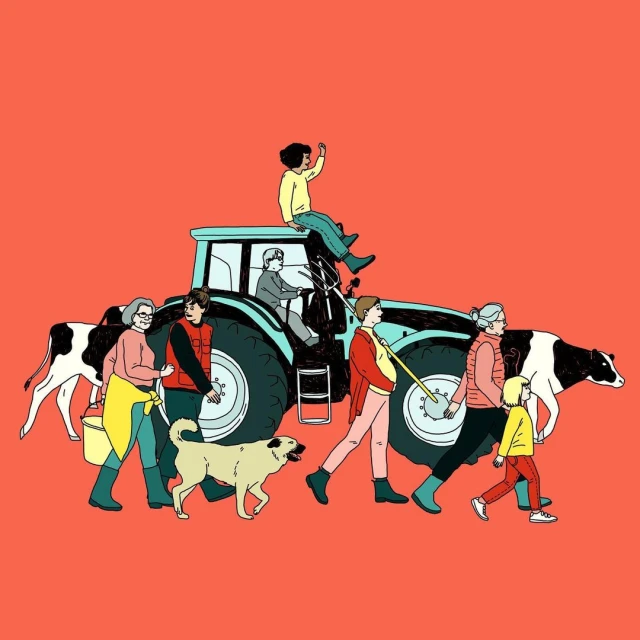 Illustration of a farm scene with adults and children crossing in front of a green tractor, accompanied by cows and a dog, on a coral background.