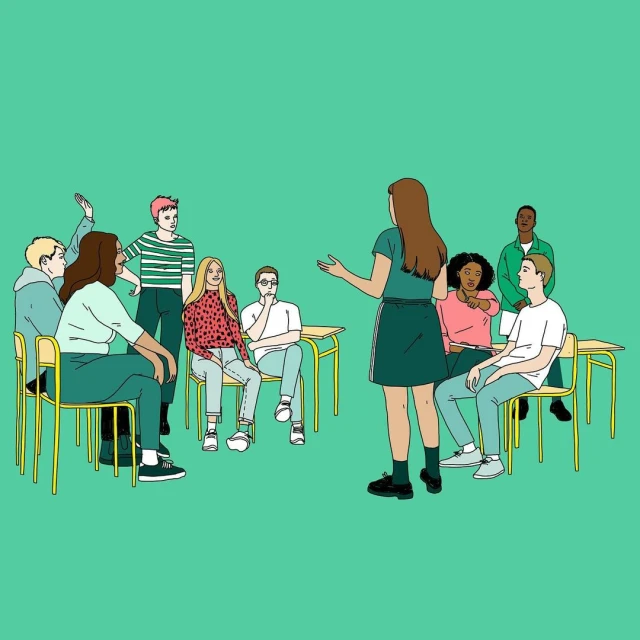 Illustration of a classroom setting with a teacher and students, desks and chairs, rendered in a flat, vector style with a teal backdrop.