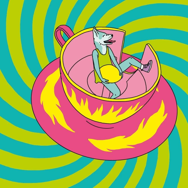 Colorful illustration of an anthropomorphic dog wearing a dress and sneakers sitting in a large pink teacup with a swirl background.