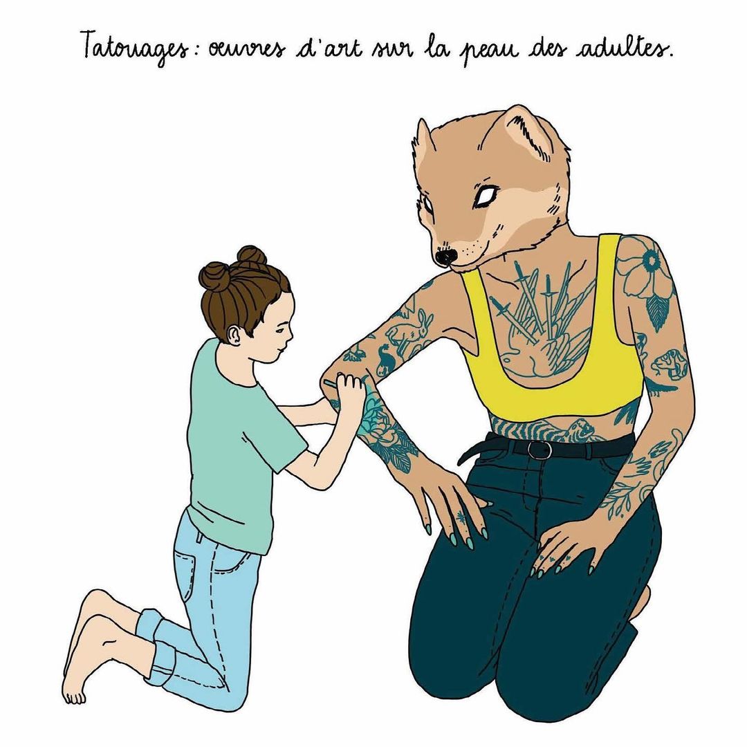 Illustration depicting a child looking at the arm tattoo of an anthropomorphic fox figure, against a white background.