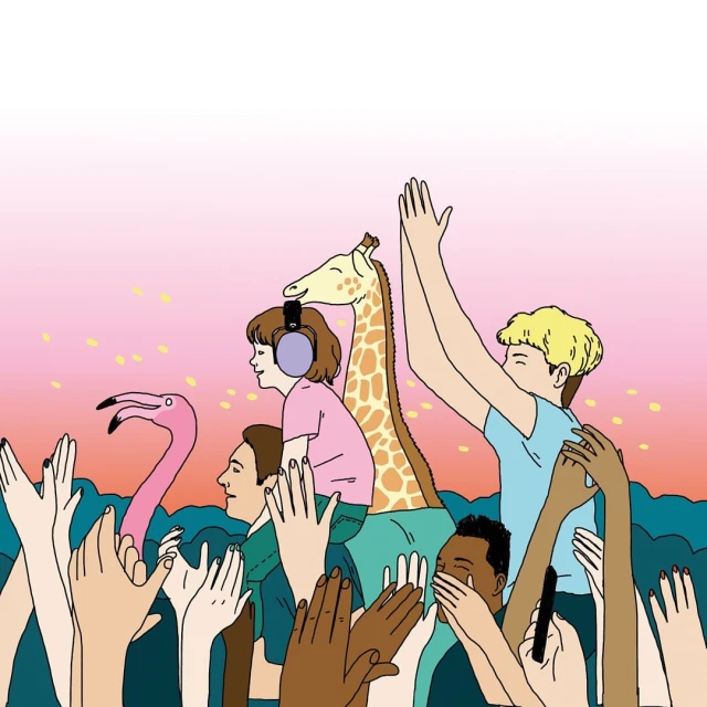 Illustration of a group of people, including a child on someone's shoulders, with a giraffe and flamingo in a pink gradient background.