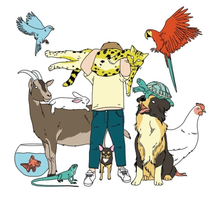 Illustration of a person holding a spotted cat surrounded by various animals including a goat, rabbit, dog, chicken, bird, and turtle.