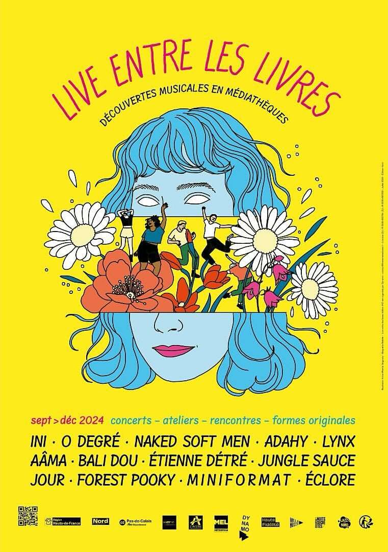 Illustrated poster with a woman's face surrounded by flowers, promoting live music events in médiathèques during Sept-Dec 2024.