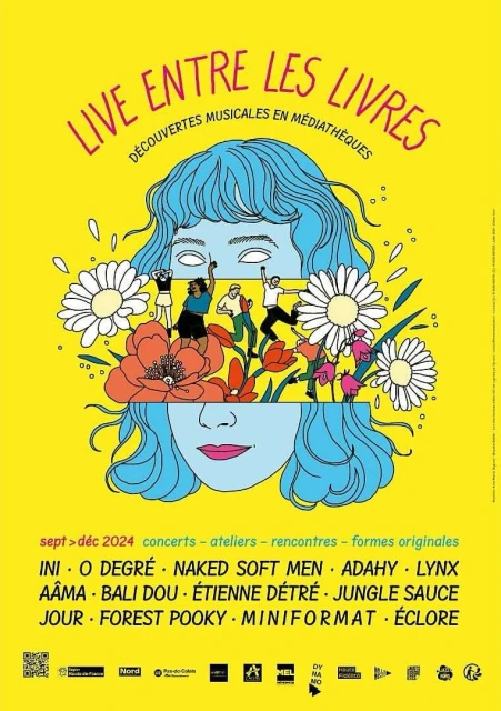 Illustrated poster with a woman's face surrounded by flowers, promoting live music events in médiathèques during Sept-Dec 2024.